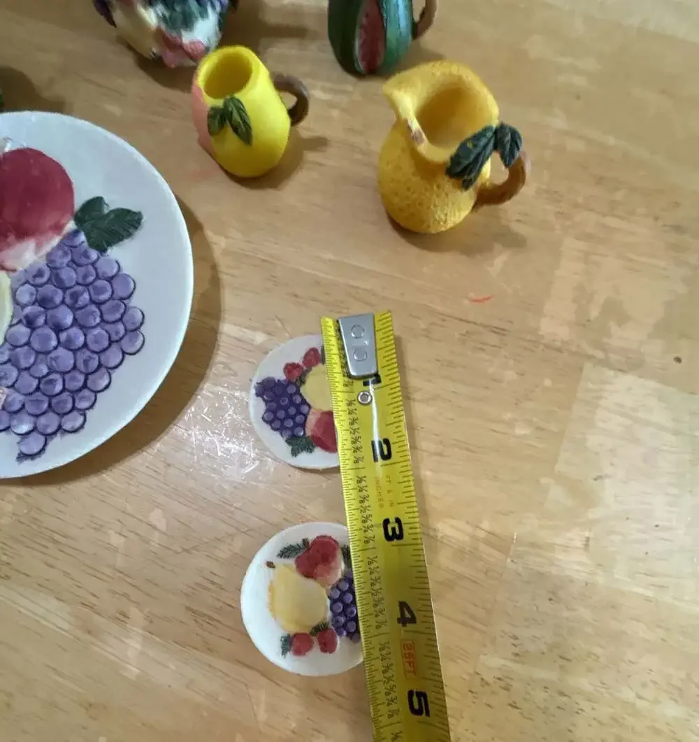 Vintage Miniature Resin Fruit Themed Tea Set Including Teapot, Cups, and Plates
